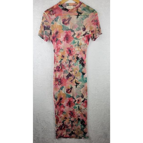 Whimsical Sheer Mesh Maxi Dress L Short Sleeve Pullover Cover Up Floral Beachy - Picture 1 of 9